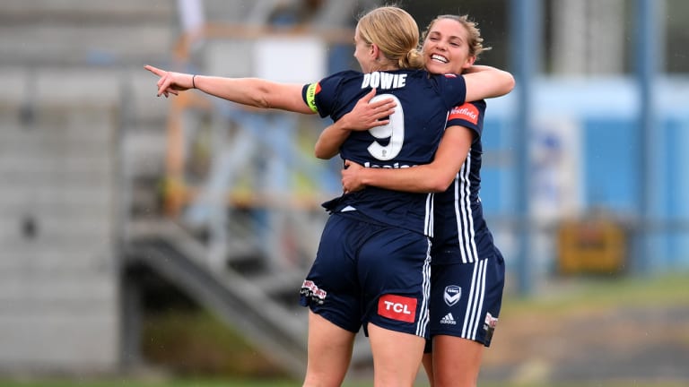 On point: Natasha Dowie (left) celebrates with Danielle Weatherholt after scoring for Melbourne Victory.