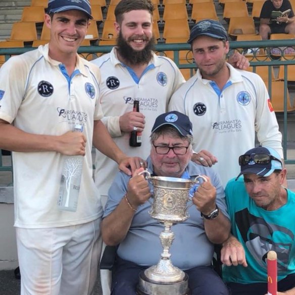 Sean Abbott, Ben Abbott, Nick Bertus and Nathan Reece with Nigel Bertus (middle) holding the Belvidere Cup in April 2018. 