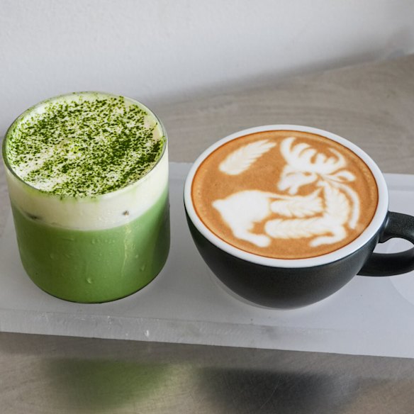 There’s a generational divide between those who order matcha (left) and those who prefer flat whites.
