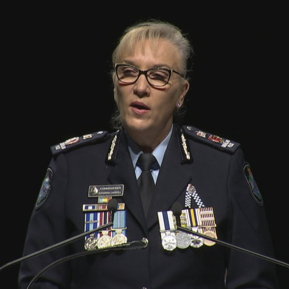Queensland Police Commissioner Katarina Carroll speaking at the state memorial service for McCrow and Arnold.