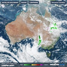 Composite satellite, radar and lightning observations at 2pm AEDT on Friday, October 30, 2026, showing rain and thunderstorms over Queensland and SA.