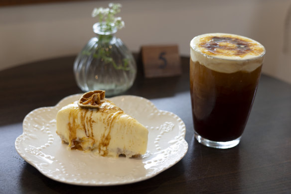 Yuzu brulee cheesecake and Basque iced long black.