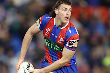 letcher Hunt of the Knights with the ball during the round 18 NRL match between Newcastle Knights and Dolphins at McDonald Jones Stadium, on July 05, 2026, in Newcastle, Australia. (Photo by Scott Gardiner/Getty Images)