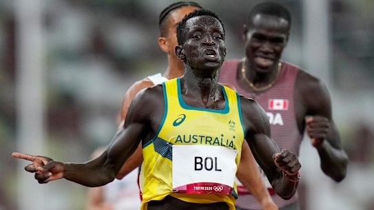 Peter Bol wins the men’s 800-metre semi-final on Sunday. 