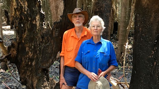 Hugh and Nan Nicholson in a fire-stricken area of Terania Creek in November.
