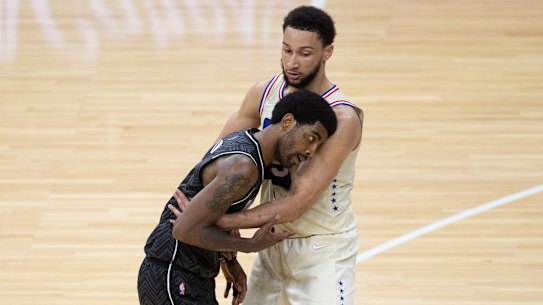 Ben Simmons with Kyrie Irving, with the pair now teammates at Brooklyn in the NBA.