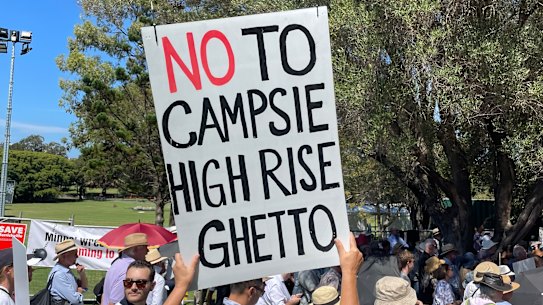A sign at Tuesday’s rally against “Minns’ wrecking ball”, held by Canterbury-Bankstown councillor Barbara Coorey.
