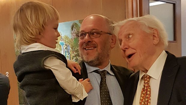 Then the laughing starts ... Tim Flannery with son Coleby and David Attenborough.