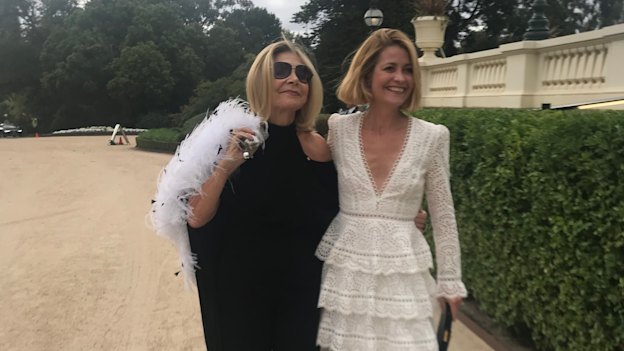 Carla Zampatti and Kellie Hush arriving at  Government House in Victoria for the opening of the 2018 Melbourne Fashion Festival. 