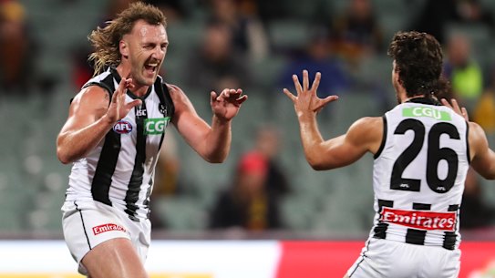 Lynden Dunn celebrates a goal after two years on the sidelines.
