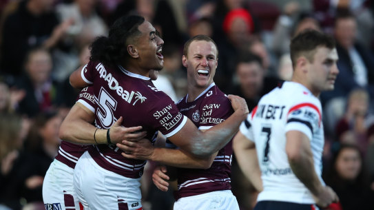Daly Cherry-Evans celebrates one of his two tries at 4 Pines Park.