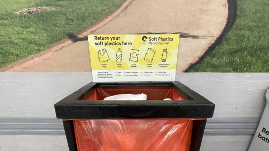 A soft plastic recycling bin at Brunswick Coles, one of 12 supermarkets in Melbourne participating in a pilot program.