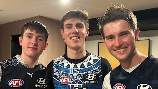 Carlton draftee Harry O’Farrell (centre) and his brothers Jack and Ned are all Carlton supporters.