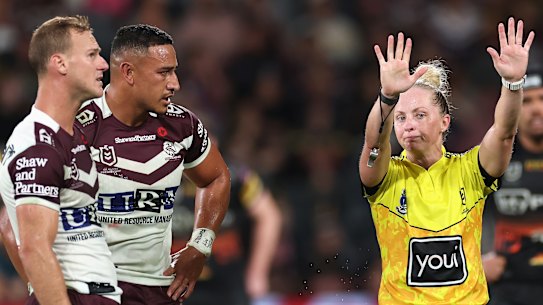 Manly’s Siosiua Taukeiaho is sent to the sin bin by Belinda Sharpe. 