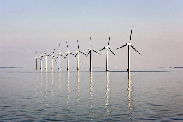 An offshore wind farm stands in the water near the Danish island of Samso.