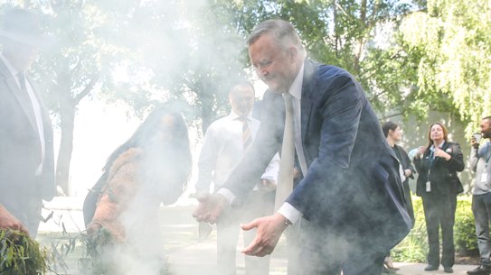Anthony Albanese during a Welcome to Country and smoking ceremony at Parliament House in Canberra.