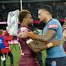 Spencer Leniu and Ezra Mam embrace after Wednesday’s Origin match in Perth.