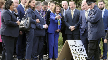 US House Speaker Nancy Pelosi, centre,  and other members of a US delegation made the symbolic border crossing, that is the contentious Brexit border, between Ireland and Northern Ireland on Thursday. She is on a four-day trip to the region.