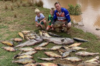 Matt Hansen (right), president of the Inland Waterways group, with his sons, Jack (left) and Cooper, near dead fish pulled from the Macquarie and Bell rivers near Dubbo in recent days.