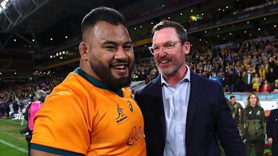Taniela Tupou and Dan McKellar after the Wallabies’ victory over France in Brisbane.