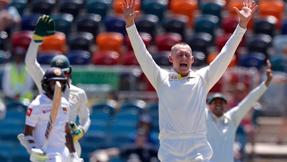 One for everybody: Marnus Labuschagne appeals for lbw to dismiss Niroshan Dickwella.