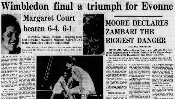 Tearsheet of the The Sydney Mornings report of Evonne’s 1971 Wimbledon triumph over Court