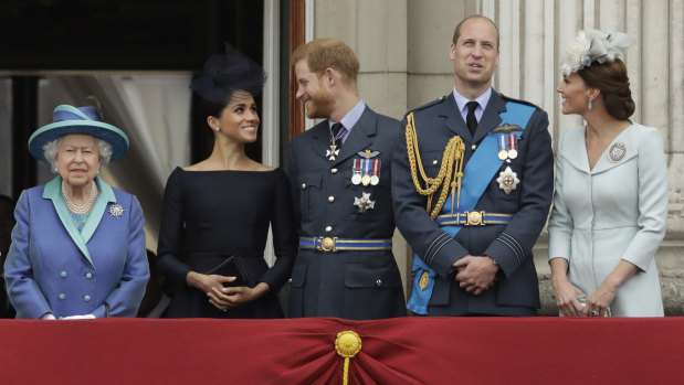 The Queen, Duke and Duchess of Sussex and Duke and Duchess of Cambridge in happier times.