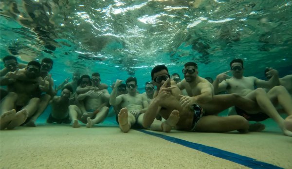 NSW Blues players underwater after a breathing session with Nam Baldwin.