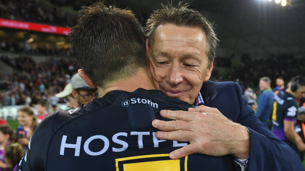 Special relationship: Craig Bellamy and Cooper Cronk embrace during the 2017 finals series.