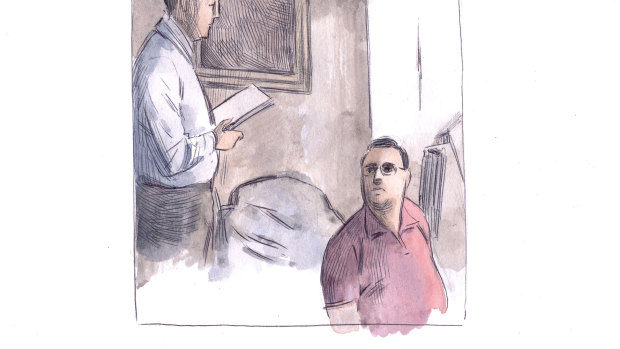 A sketch of Mr Edwards handcuffed and sitting against a wall in his Kewdale home as Detective Marrapodi places a search warrant into his lap. 