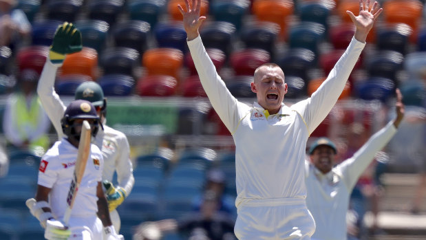 One for everybody: Marnus Labuschagne appeals for lbw to dismiss Niroshan Dickwella.