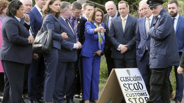 US House Speaker Nancy Pelosi, centre,  and other members of a US delegation made the symbolic border crossing, that is the contentious Brexit border, between Ireland and Northern Ireland on Thursday. She is on a four-day trip to the region.