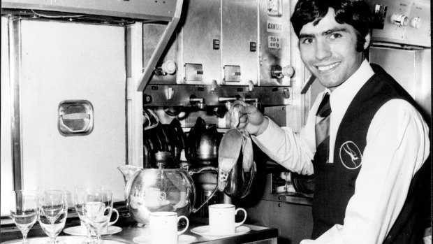 Former Australian featherweight champion Lucky Gattellari as a Qantas flight steward.