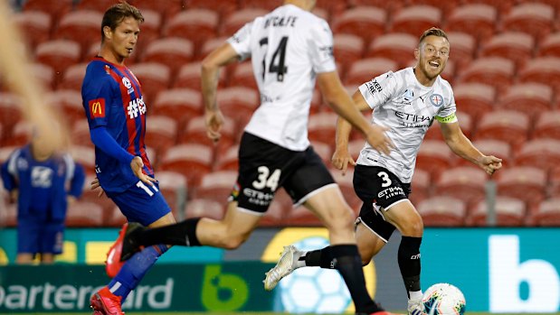 Scott Jamieson of Melbourne City puts a pass through to Connor Metcalfe.