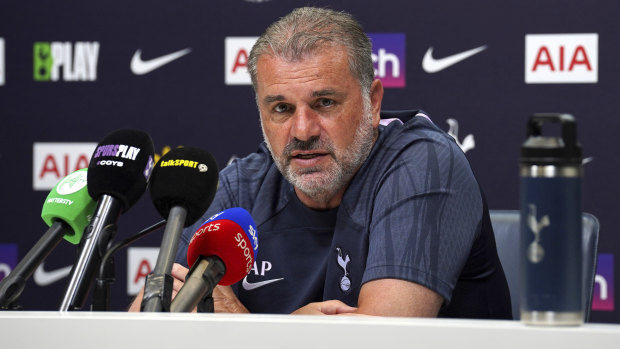 Ange Postecoglou addresses the media in London for the first time as Tottenham manager.