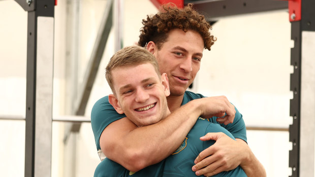 Mark Nawaqanitawase and Max Jorgensen at the Rugby World Cup last year.