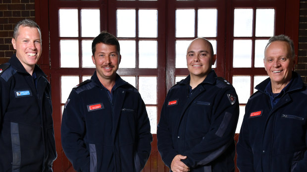 Senior firefighters Bennett Gardiner, left, and Mitchell Bennetts, leading firefighter Gonzalo Herrera and station officer Mike Stuart, far right, at Drummoyne Fire Station.