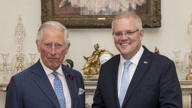 Prime Minister Scott Morrison with Prince Charles at Buckingham Palace in 2019.