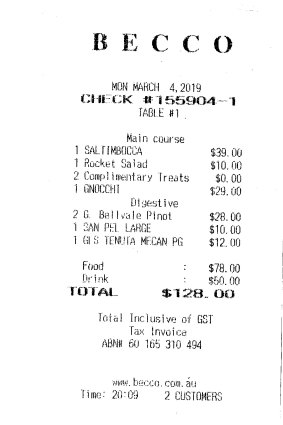 The bill for lunch at Becco with Natasha Stott Despoja