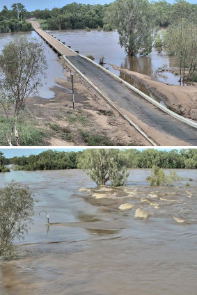 A composite photo showing the Gilbert River bridge before and after floods caused by ex-Tropical Cyclone Imogen passed over Far North Queensland. Bottom photo taken 8:28am on January 5, 2021.