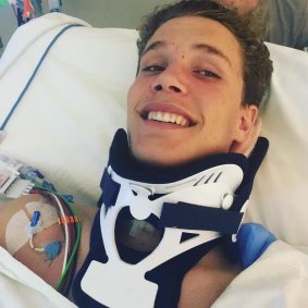 Alex Noble, from St Ignatius College, Riverview, after he was injured in 2018.