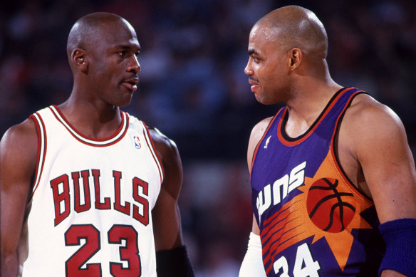 Michael Jordan and Charles Barkley on court in 1993.