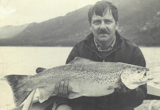 Francois with a brown trout weighing 5.6kg on Lake Pedder, Tasmania in 1977.