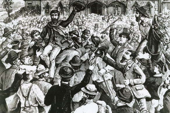 An 1887 depiction of a jubilant crowd hailing a Eureka defendant, said to be Rafaello Carboni, after his treason trial acquittal.