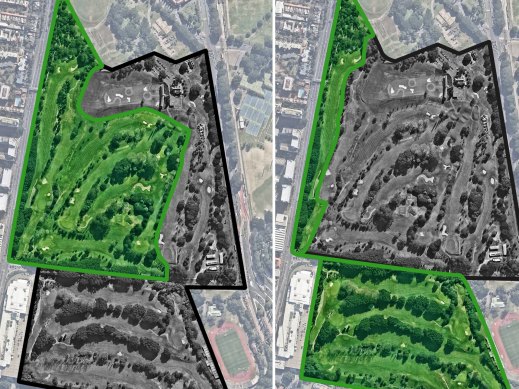 The council's two options to reduce the 18-hole golf course at Moore Park to nine holes, accompanied by 18 to 20 hectares of parkland. 