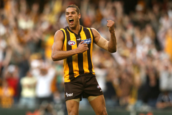 Lance ‘Buddy’ Franklin celebrates a goal during the early years at Hawthorn.