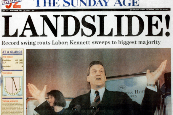 The front page of the Sunday Age after Jeff Kennett’s first win in October 1992.  What worked for Kennett back then didn’t work for Matthew Guy this time around.