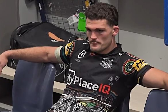 Nathan Cleary stares into space in the Panthers dressing room after losing to the Roosters.