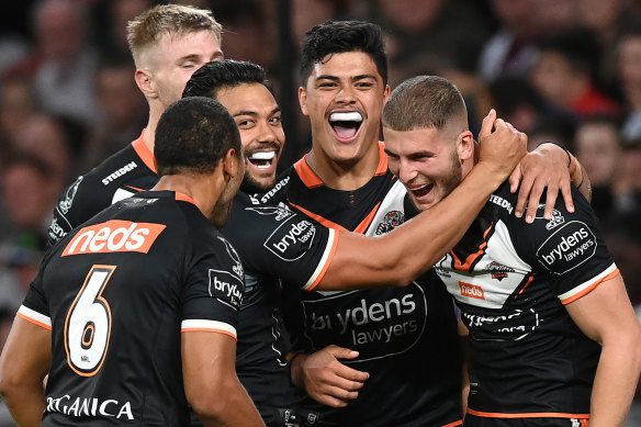 Adam Doueihi celebrates one of his two tries on Friday night.