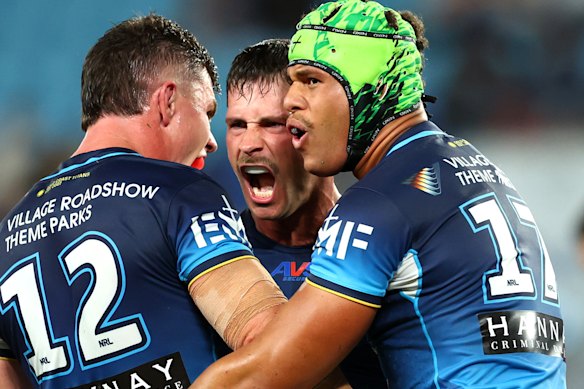 Cooper Bai celebrates the Titans try.